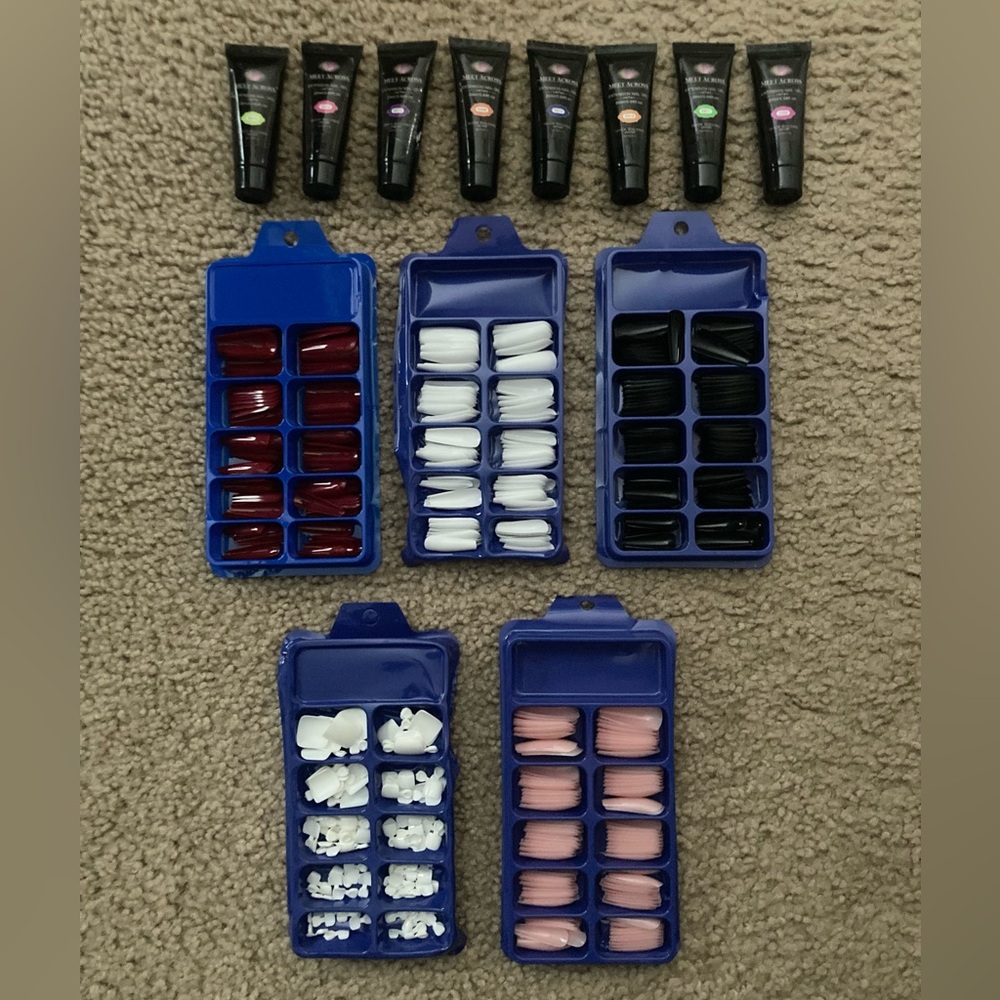 Press On Nails & Poly Gel Bundle. Coffin Nails/Toe Tips, Black, White, Pink, Red
